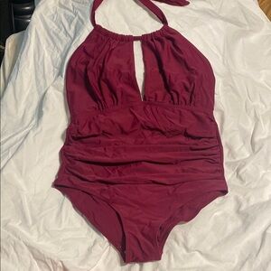 Red One Piece Swimsuit with Halter Neck and Keyhole Detail